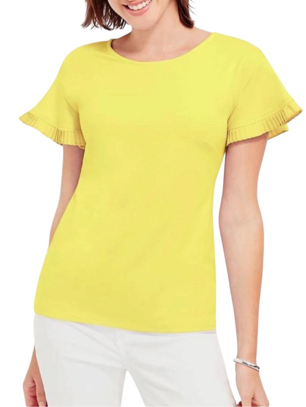 TALBOTS WOMEN'S YELLOW FLUTTER SLEEVE PRETTY KNIT TOP Size Petite
